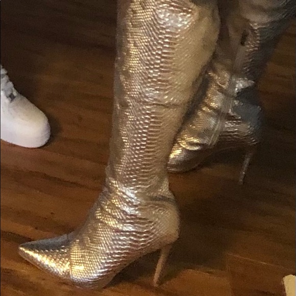chrome thigh high boots